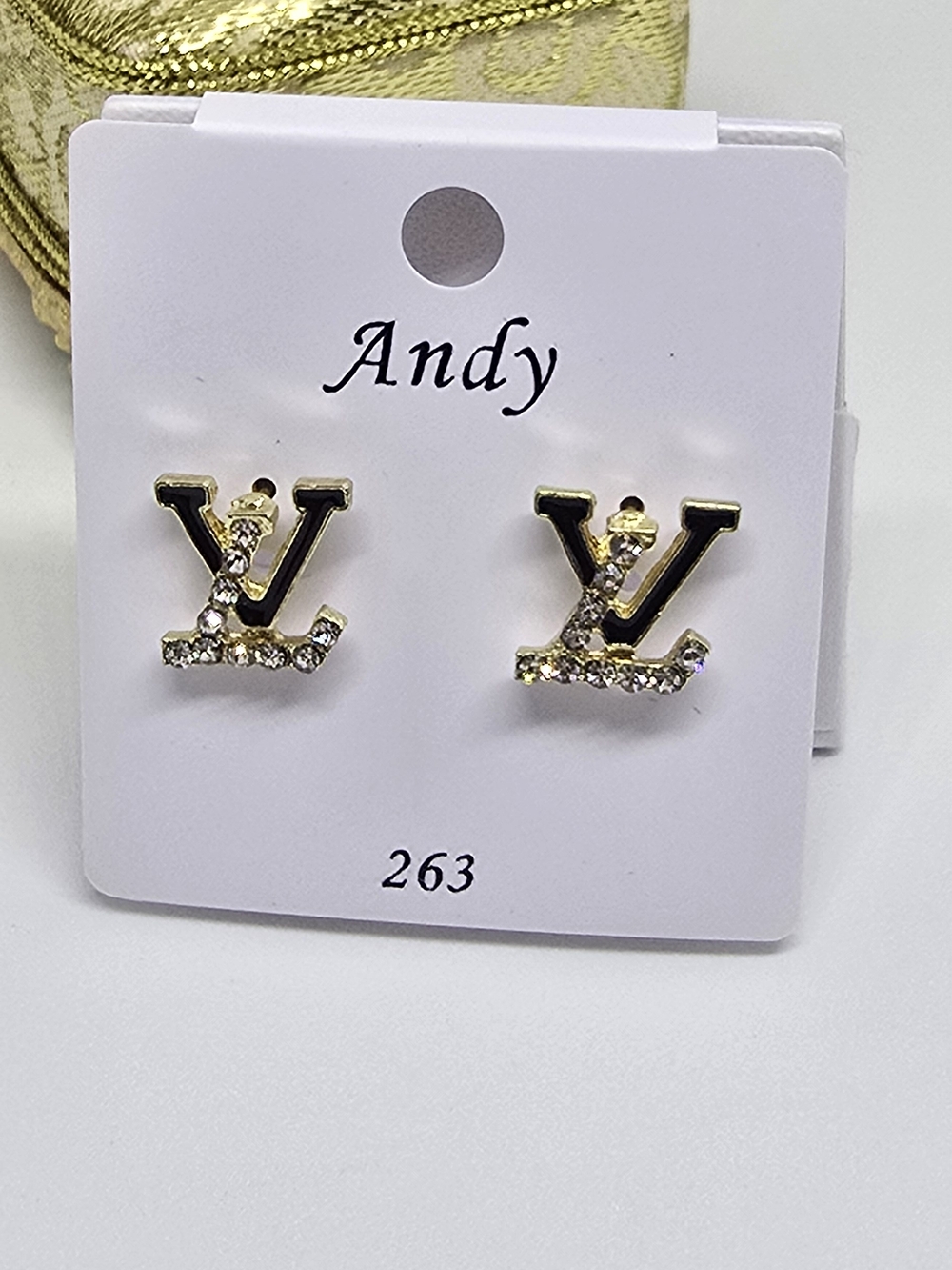 Gold and Black Crystal LV-Style Stud Earrings